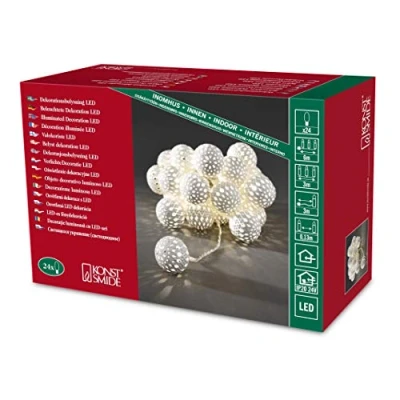 Imagen de Konstsmide 3156 103 Guirnalda con luz led (20 Bolas de Metal Blancas, 24 diodos Blanco cálido, Transformador Interno V, Cable Transparente)