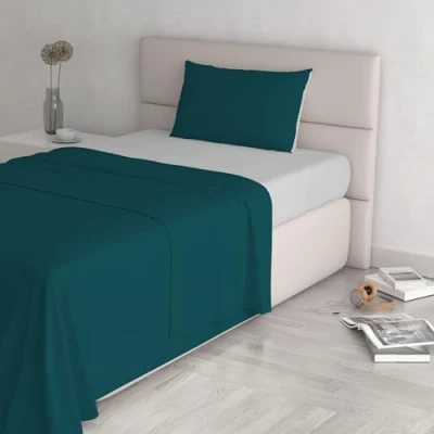 Imagen de Italian Bed Linen Juego de sábanas Natural Color Plana 150x300, Hoja instalada 90x200cm+Funda 52x82cm, Petroleo/Verde Botella, 100 % Algodón, AGUA/GRIS CLARO, singolo
