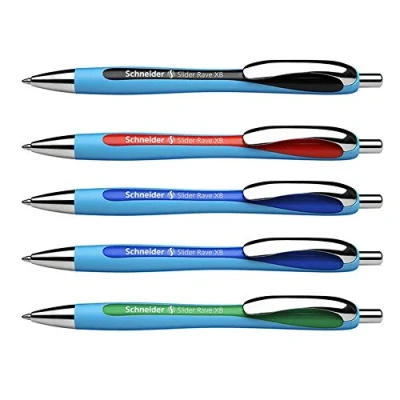 Imagen de Schneider Slider Rave XB Bolígrafo (grosor de trazo XB, mina indeleble, fabricado en Alemania), paquete 5 unidades, color escritura: 2 azules, negro, rojo y verde