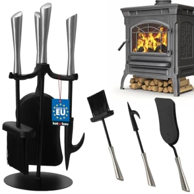 Imagen de KOTARBAU® Juego de Herramientas para chimenea acero, Set 4 piezas: escoba, pala y atizador ceniza con soporte pie, chimenea, estufa, Utensilios