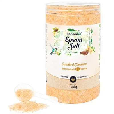 Imagen de Nortembio Sal de Epsom 1,25 Kg. Fragancia Vainilla y Canela. Baño Hidratada con Vitamina C E. Relajación Músculos, Aromaterapia Buen Sueño. E Book Incluido.