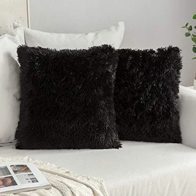 Imagen de MIULEE Funda de Cojines Pelusa Almohada Felpa Sofá Pelo Artificial Suave Invierno Decoracion para Cama Oficina Dormitorio Habitacion Silla Salon 2 Piezas 45x45cm Negro