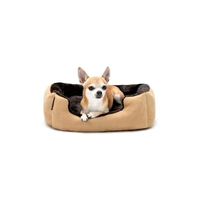 Imagen de lionto Cama para Perros con cojín Reversible y Base Antideslizante, Mascotas Entrada Baja Gatos, 50x37 cm, Acogedor, Beige/marrón