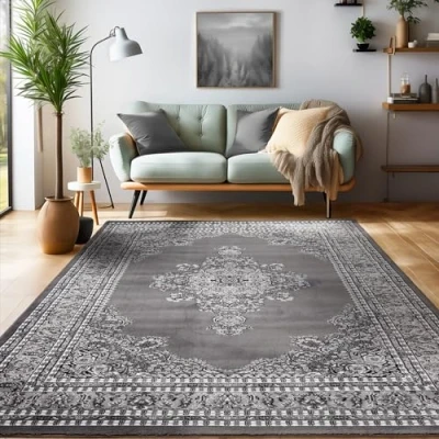 Imagen de SIMPEX Alfombras de Pelo Corto, diseño Oriental, Alfombra Gris, 160 x 230 cm, Estilo Sala Estar