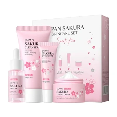 Imagen de LAIKOU Sakura Set de Cuidado la Piel, Kit Hidratante Facial Mujer, 4 Piezas Limpiador e Hidratante, con Limpiador, Suero, Crema para Ojos, Facial, Adolescentes y Mujeres