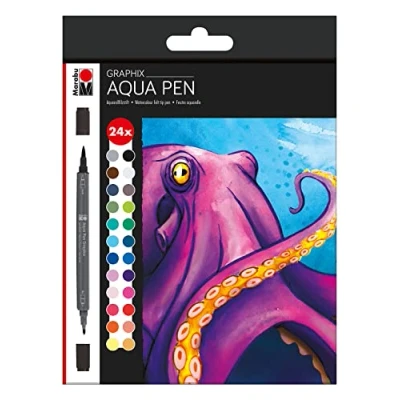 Imagen de Marabu 0145000000106 Aqua Pen Graphix, Octopy, rotuladores, tinta brillante, a base de agua, punta doble, acuarela sobre papel acuarela, 24 colores, juego unidades