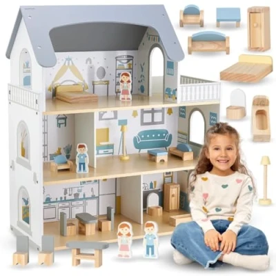 Imagen de Mamabrum casa de muñecas madera con terraza y accesorios, 3 niveles, 5 habitaciones, muebles, juego juguetes para muñecas, altura 70,4 cm, colores sutiles