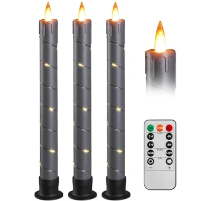 Imagen de Da by 3 velas cónicas parpadeantes sin llama que funcionan con pilas, control remoto y dinámica 3D LED de tiempo, 9.6 pulgadas para boda, fiesta, decoración del hogar, color gris