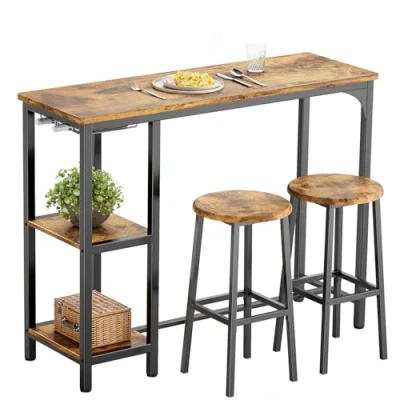 Imagen de Bealife Juego de Mesa Bar con taburetes para 2 Personas, Pub estantes y Soporte Cristal, Cocina Cocina, salón, Comedor (Retro)