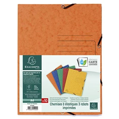 Imagen de Exacompta 55400E Lote de 10 Carpetas con gomas y 3 solapas, cartulina lustrada 355gm2 A4, Colores (az, amarillo, naranja, rojo verde)
