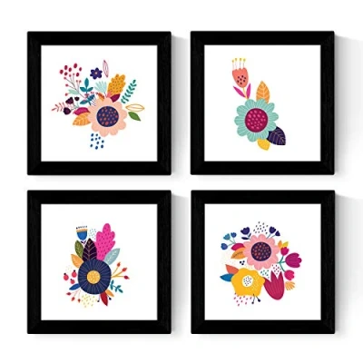 Imagen de Nacnic Set de cuatro láminas cuadradas con ilustraciones flores multicolores Tamaño 25x25 cm estilo escandinavo nordico Sin Marco