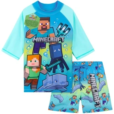 Imagen de Get Trend Minecraft Conjunto de Bañador Niño Natacion Adolescente Set Baño 2 Piezas Camiseta y Pantalones Cortos (11 12 Años, Azul/Verde)