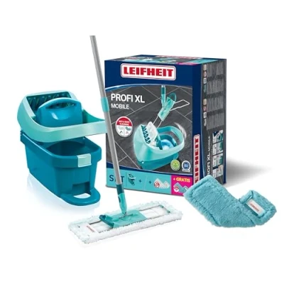 Imagen de Leifheit Set de cubo con ruedas y mopa extraplana Profi XL, escurridor prensa friegasuelos palo acero 3 piezas funda recambio para suelos delicados static plus