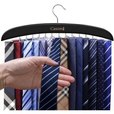 Imagen de EOGRFW Perchero para corbata, 24 ganchos, rotación de 360, ganchos metal plegables, organizador corbata armario, estante almacenamiento cinturón madera hombres, corbatas,