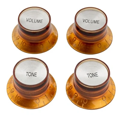 Imagen de Musiclily Pro Tamaño Métrico Botones de Potenciómetros Reflector 2 Volumen Tono Perillas Set para Guitarra Eléctrica Epiphone Les Paul SG, Ámbar con Plata Top