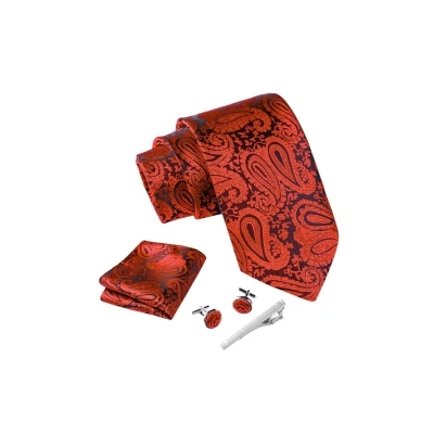 Imagen de Massi Morino Corbatas de hombre Paisley Rojo y pañuelos con gemelos, clip corbata set Encarnado Accesorio traje modernas para boda