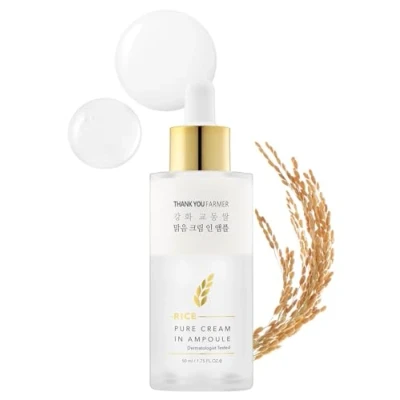 Imagen de THANKYOU FARMER Rice Pure Cream In Ampoule 50ml, suero para aclarar la piel, cuidado de piel coreano Glass Skin, extractos exclusivos arroz coreano, niacinamida, cara