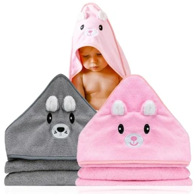Imagen de BABYBRIDGE 2 Unidades Toalla bebe Regalo recien nacido niño Toallas con capucha de animales 0 3 años Albornoz baño Capa Regalos para bebes recién nacidos (Gris/Rosa)