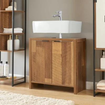 Imagen de [en.casa] Mueble para Debajo del Lavabo Namsskogan con Compartimentos Cerrados Elegante Auxiliar Baño 2 Puertas Tiradores Aglomerado 60 x 30 cm Efecto Nogal