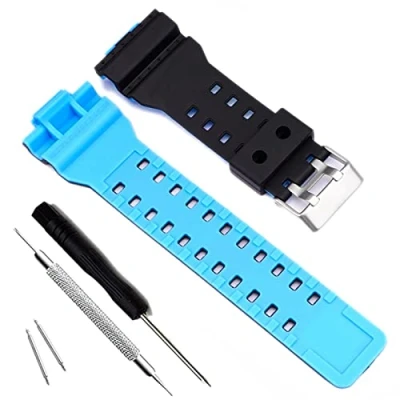 Imagen de Correa de repuesto resina natural para reloj Casio G Shock GD120/GA 100/GA 110/GA 100C, Negro + azul claro, Moderno