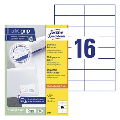Imagen de Avery 3484 Pack de 100 hojas con etiquetas imprimibles polivalentes, 105 x 37 mm
