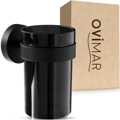 Imagen de ovimar Vaso Cepillo de Dientes Engeloya Negro para taladrar Cristal y Acero Inoxidable el baño con extraíble Soporte en la Pared