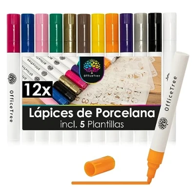 Imagen de OfficeTree Juego de 12 lápices rotuladores para Pintar Porcelana y Vidrio Colores 5 Plantillas Decorar a Base Agua