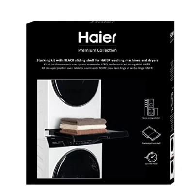 Imagen de Kit de Apilamiento para Lavadora y Secadora Haier con Estante Deslizante Negro, Columna Ahorrar Espacio, Compatible las Lavadoras Secadoras Serie 3, 5, 7, Made in Italy