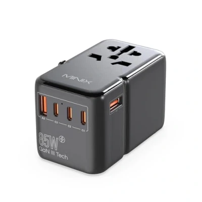 Imagen de MINIX 85W Universal Travel Adapter, GAN III International Power 3 USB C 2 A Ports, AC Outlet, Worldwide US/UK/EU/AU Charger for Laptops Tablets Phones and More