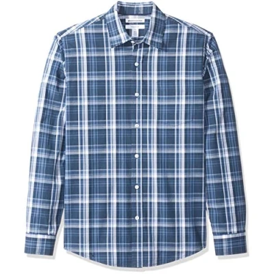 Imagen de Amazon Essentials Camisa de Popelín Manga Larga y Ajuste Entallado Hombre, Azul Marino Cuadros Medio, L