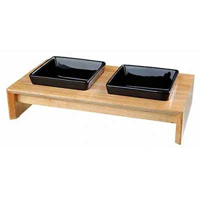 Imagen de Trixie Set Comederos Perros Cerámica Platos para Accesorios Madera Bandeja 2 x 0.4L, 36x19x7 cm Negro