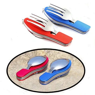 Imagen de Senven® 2Pcs 4 en 1 Cubiertos Plegables, Vajilla Portátil de Acero Inoxidable para Camping, Plegable Desmontable, Incluye Cuchillo, Tenedor, Cuchara y Abridor Rojo + Azul