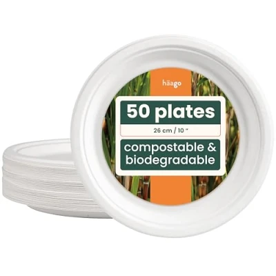 Imagen de HAAGO 50 Platos Desechables de Papel Caña Azúcar (26cm) Biodegradable y Impermeable