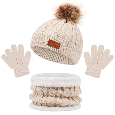 Imagen de Conjunto de Bufanda y Gorro Guantes 3 Piezas para Niños 1 a 5 Años, Invierno Lindo Cálido Punto Beanie Gorros con Pompon, Mantener Caliente Accesorios Niña Niño (Beige)
