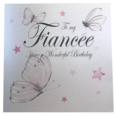 Imagen de WHITE COTTON CARDS XPD30 FI Tarjeta de felicitación cumpleaños con Texto en inglés Vintage Butterflies, To My Fiancée Have A Wonderful Birthday, Blanco, 22cm x