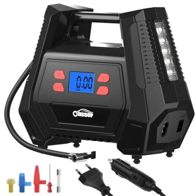 Imagen de Oasser Inflador Ruedas Coche DC 12V y AC 220V Compresor Aire portatil con Pantalla LCD Luz LED Cable de 3M 150PSI para Coches, Motos Bicicletas