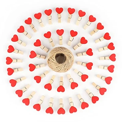 Imagen de jijAcraft Mini Pinzas de Madera Pequeñas 3,5 cm, Corazon Clip para Fotos, 30M Cuerda Yute y Manualidades Decoración (Rojoo)