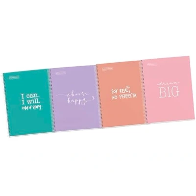 Imagen de Miquelrius Pack 4 Cuadernos A4 Cuadriculados Messages, Espiral Microperforado, Cubierta de Cartón Forrado, Tamaño 210 x 297 mm, Taladros, 80 Hojas 90 g, Cuadrícula 5 m, Frases