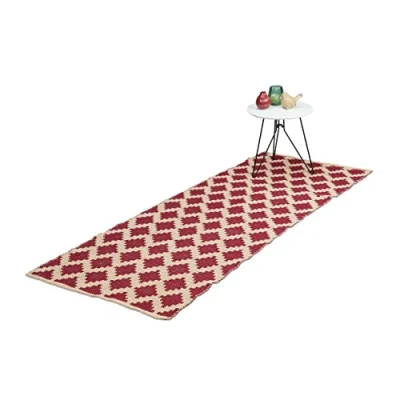 Imagen de Relaxdays Teppich Baumwolle 80 x 200 cm Alfombra Pasillo Algodón, 70x140cm, Hecha a Mano, Antideslizante, Apta para Suelo Radiante, Rojo, 70 140