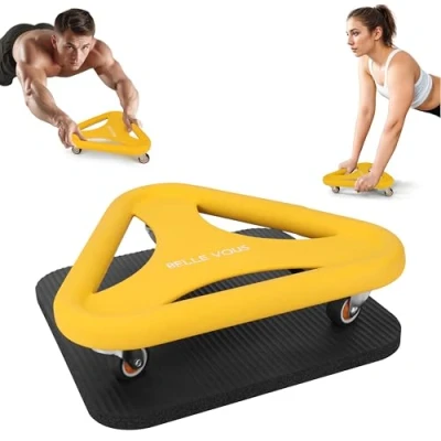 Imagen de BELLE VOUS Rueda Abdominal de Entrenamiento Rodillo Ejercicio Gym en Casa con Tapete Apoyo Maquina Tabla Amarilla Gimnasio Ruedas para Abdominales y Flexiones
