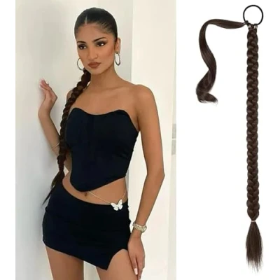 Imagen de Lerkely extensiones de pelo rizado marrón con coleta, 80 cm, coleta