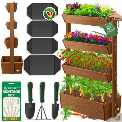 Imagen de KESSER® Huerto Elevado con Estanterías Macetero de Flores Escalera Plantas Verduras Hierbas Maceta Tela Jardín, Marrón, 4 Niveles