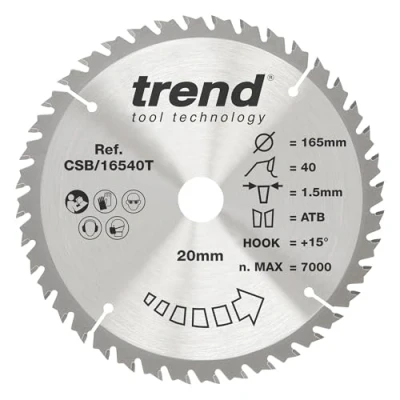 Imagen de Trend CraftPro Hoja sierra circular TCT para corte fino, 165 mm de diámetro x 40 dientes 20 interior, punta carburo tungsteno, CSB/16540T