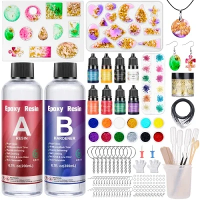 Imagen de OFCIIN Resina Epoxi Transparente 2 partes 400ml, Kit Manualidades, Moldes con Flores Secas, Purpurina, Pigmento, Hoja de Oro, para hacer Colgante, Joyas, Llavero