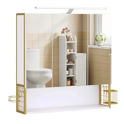 Imagen de VASAGLE Armario de Baño con Espejo 3 Puertas, Mueble Pared Espejo, Enchufe, Cesta Colgante, Soporte para Secador Pelo, Baño, Lavabo, Blanco Nube y Verde Claro Dorado BBK124A10