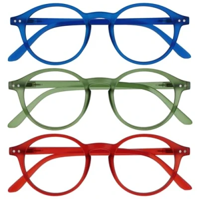 Imagen de OPULIZE REY Gafas de Lectura Pack 3 Montura Redonda Retro Azul Mate, Verde, Rojo Hombre Mujer Bisagras Muelle RRR56 36Z +3.50