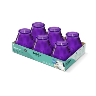 Imagen de Bolsius Velas para exteriores 6 piezas en vidrio Morado Tiempo de combustión 70 horas Sin aceite palma Quema limpia Mecha algodón perfume