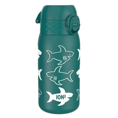 Imagen de ion8 Botella Termica de Agua Acero Inoxidable para Niños, 320ml, a Prueba Fugas, Fácil Abrir, Cerradura Segura, Aptas Lavavajillas, Asa Transporte, Limpiar, Diseño Tiburón