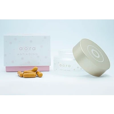 Imagen de AORA ANTIAGING Cuidado piel cabello ocular Regenera Protege Hidrata Colageno Acido Hialuronico Vitamina C E Luteina Naranja sanguina Ceramidas