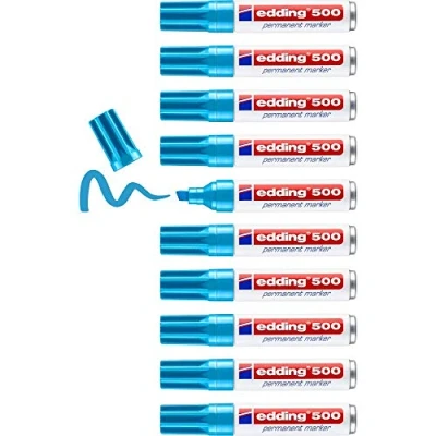 Imagen de edding 500 marcador permanente azul claro 10 rotuladores punta biselada 2 7 mm resistente al agua, de secado rápido, indelebles para cartón, plástico, madera, metal, vidrio